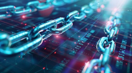 Close-up of metal chain links over a digital background, symbolizing blockchain technology and cybersecurity concepts.