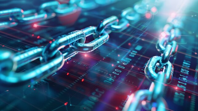 Close-up of metal chain links over a digital background, symbolizing blockchain technology and cybersecurity concepts.