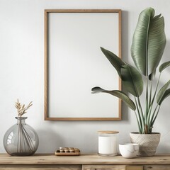 modern home decor featuring wooden frame mock-ups on white, brown, and black sideboards against the wall. perfect for highlighting artwork