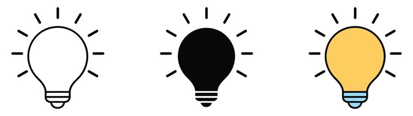 Light bulb icon set. Idea icon. Lamp concept. Light bulb, isolated in modern outline, flat, and colored design. Vector illustration