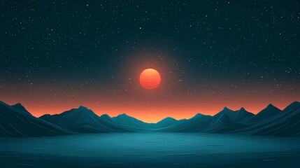 Scenic Night Sky with Red Moon