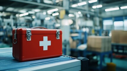 Workplace Safety Essentials: Fully Stocked First Aid Kit in Accessible Location at Industrial Factory