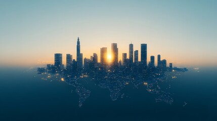 Fototapeta premium City skyline with a sunrise and world map overlay, symbolizing global urbanization and international connectivity.