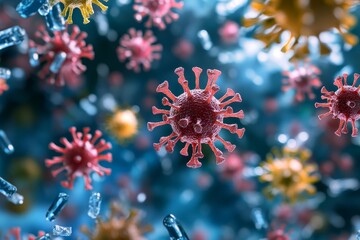 Macro shot of H1N1 flu virus particles being neutralized by antibodies, illustrating the immune response. High-resolution, detailed textures, crisp focus