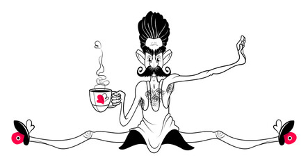 Climber with a cup of coffee. Contour drawing with colored elements. Character in sportswear. A man with a mustache holds a cup in his hands. Climber in a difficult pose.