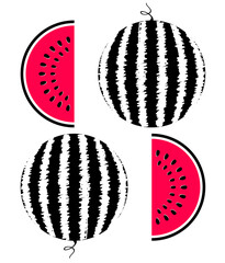 Composition of watermelons. Contour drawing with colored elements. Four berries. Food in section. Juicy fruit.