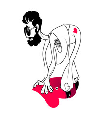 Rock climber with glasses. Contour drawing with colored elements. Character in sportswear. A man with a mustache and beard. Climber in a difficult pose.