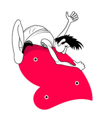 Climber hold on tight. Contour drawing with colored elements. Character in sportswear. A man holds tightly to a relief in the shape of a heart. Climber in a difficult pose.