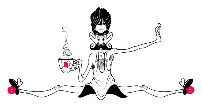 Climber with a cup of coffee. Contour drawing with colored elements. Character in sportswear. A man with a mustache holds a cup in his hands. Climber in a difficult pose.