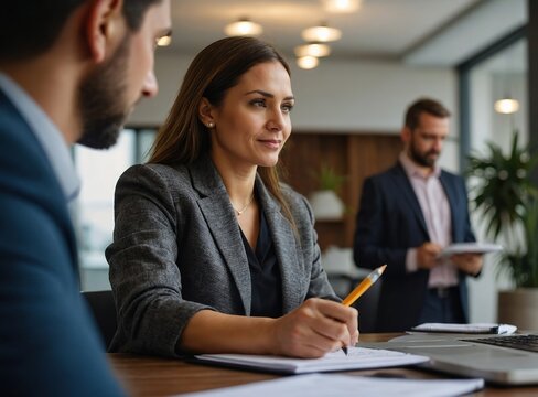 Business woman, laptop on table and employee with notebook writing, planning in office and calendar schedule. Personal assistant, event planner or person taking project notes, meeting agenda and idea