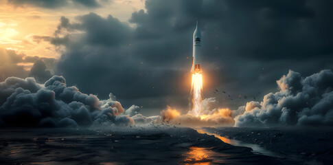 A stunning depiction of a rocket launch at dusk, with dramatic clouds and glowing exhaust flames illuminating the scene. The image captures the power and awe of space exploration, showcasing the rocke