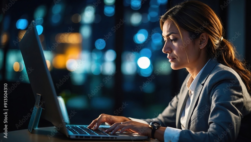 Wall mural Business woman, stress and laptop in office for corporate communication, internet research and networking. Female person, technology and frustrated working late night for project planning and email