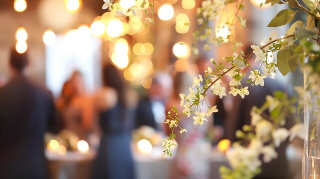 Guests celebrate an elegant wedding reception adorned with beautiful flowers and warm ambient lighting