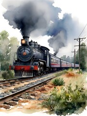 Fototapeta premium Train Watercolor Landscape Nature Art