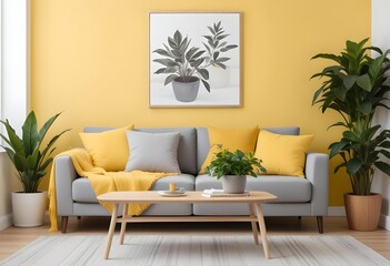 Fototapeta premium A modern living room with a gray sofa, yellow and white throw pillows, a wooden coffee table, and a potted plant.