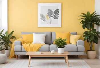 Fototapeta premium A modern living room with a gray sofa, yellow and white throw pillows, a wooden coffee table, and a potted plant.