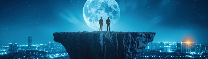 Businessmen Standing on Cliff Overlooking Moonlit City