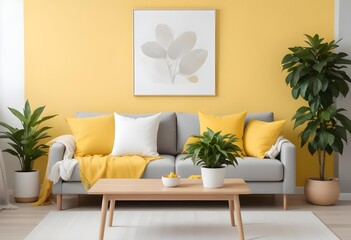 Fototapeta premium A modern living room with a gray sofa, yellow and white throw pillows, a wooden coffee table, and a potted plant.