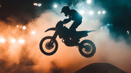 Silhouette of Motocross Rider in Mid-Air.