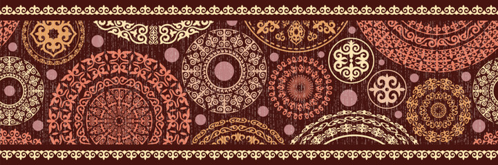 Ethnic background on the theme of Kazakh national ornament, seamless border, banner, vector design