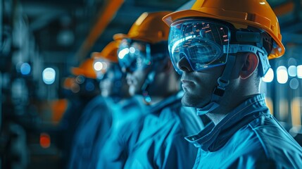 Futuristic Engineers Monitoring Real-Time Data with Smart Glasses in Complementary Color Scheme. Side View Technology Concept.