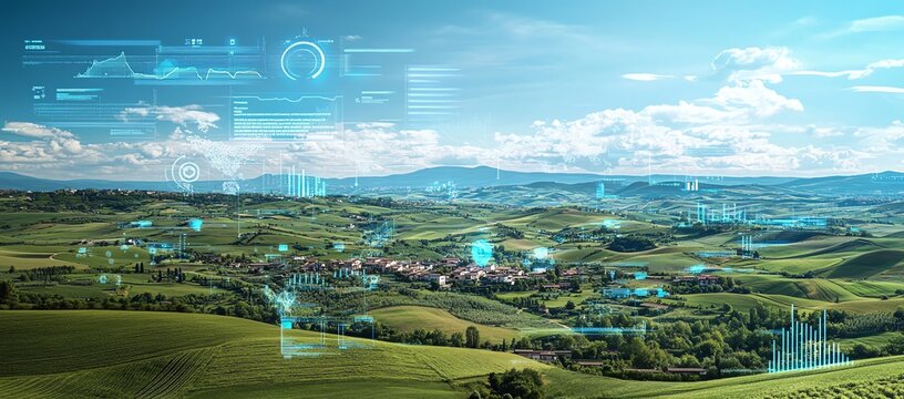 Futuristic Data Overlay on Rolling Green Hills and Village