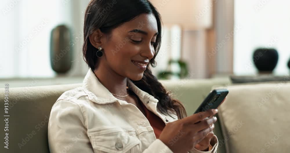 Poster indian woman, smartphone and scroll on sofa at home, reading and typing on mobile application in lou