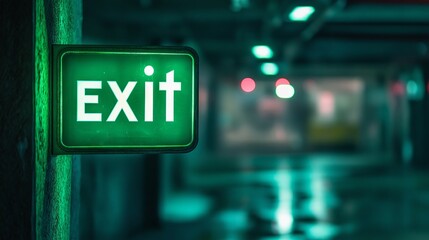Bright Green Exit Sign in Well-Lit Modern Corridor