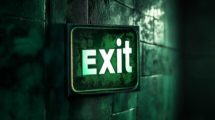 Eerie Green Exit Sign on Dark Wall in Dimly Lit Room