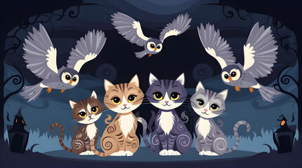 Obraz premium flat illustration of cat and owl