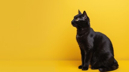 Obraz premium Black Cat Posing Against Yellow Background