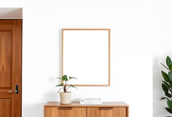 A modern living room with with poster frame a white sectional sofa, a wooden coffee table, and a blank framed wall art on the peach-colored wall