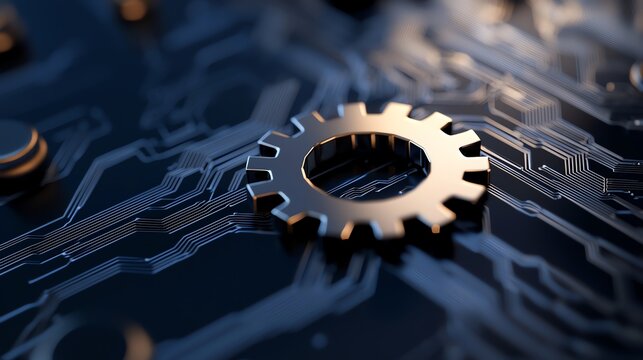 Close-up of a metallic gear on a dark circuit board, symbolizing technology and engineering innovation.
