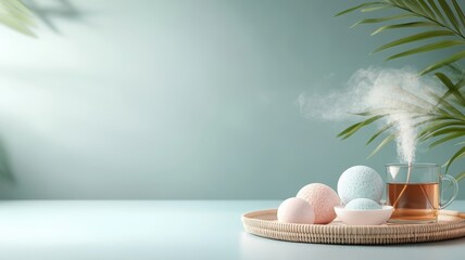 Fototapeta premium Luxurious bath bombs, herbal tea, and essential oil diffuser on a bamboo tray.