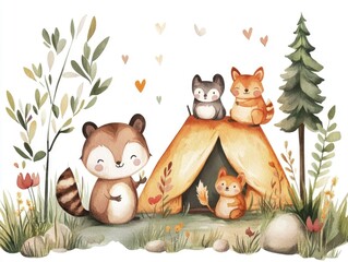Naklejka premium Charming watercolor depicting a cozy camping scene with a group of adorable animal friends embarking on an outdoor hiking adventure in a serene natural landscape