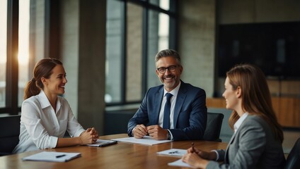 Cheerful businesspeople having a meeting in a boardroom