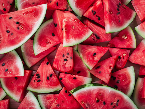 Lots of slices of ripe juicy red watermelon. Heap of fresh sliced watermelon as textured background. Summer, tropical background.	
