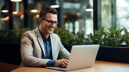 Obraz premium Cheerful male businessman working on a laptop in a modern office