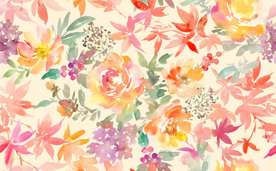Obraz premium Seamless pattern of abstract autumn leaves and autumn flowers painted in watercolor. Autumn botanical pattern in watercolor. Wallpaper of autumn flowers painted in watercolor.