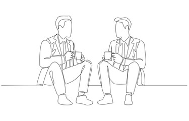 Continuous one line drawing of two businessmen chatting amicably during a coffee break, rest break at work concept, single line art.