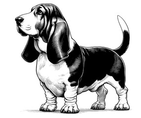 Hand drawn Cute Basset Hound dog in full-body, vector sketch isolated on white background.