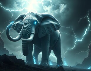 An elephant in various weather conditions: at sunset, in the rain, and in a storm