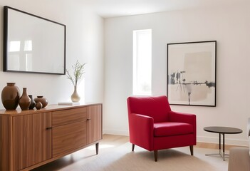 A mid-century modern living room with a wooden credenza, a framed artwork on the wall, and a red armchair