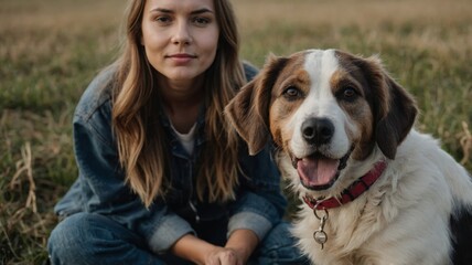 Portrait of young woman with dog on field