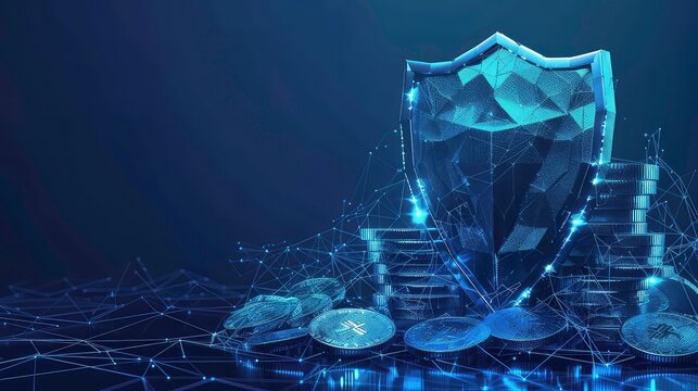 A shiny metal shield sits on top of a pile of coins surrounded by a network of glowing lines against a dark blue background.