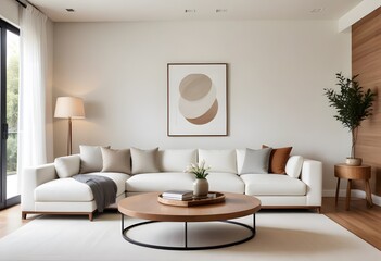 A minimalist living room with a white sofa and photo frame, a wooden side table with a fruit bowl, and a blank wooden frame on the wall