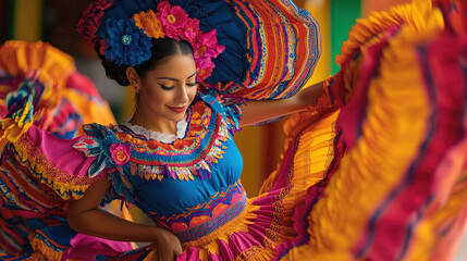 A woman gracefully dances in a colorful traditional dress in motion, with flowing fabric in the background. Traditional dance performance concept. Hispanic Heritage Month.