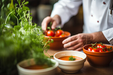 Chef in hotel or restaurant kitchen cooking only hands. He is working on the micro herb decoration. Preparing tomato soup.