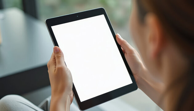 A person holds a tablet with a blank white screen, providing a clean design for presenting information or showcasing a technology concept.