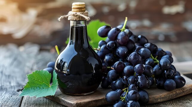 A glass bottle of dark balsamic vinegar with a cork stopper and a bunch of dark grapes on a wooden surface. - Powered by Adobe